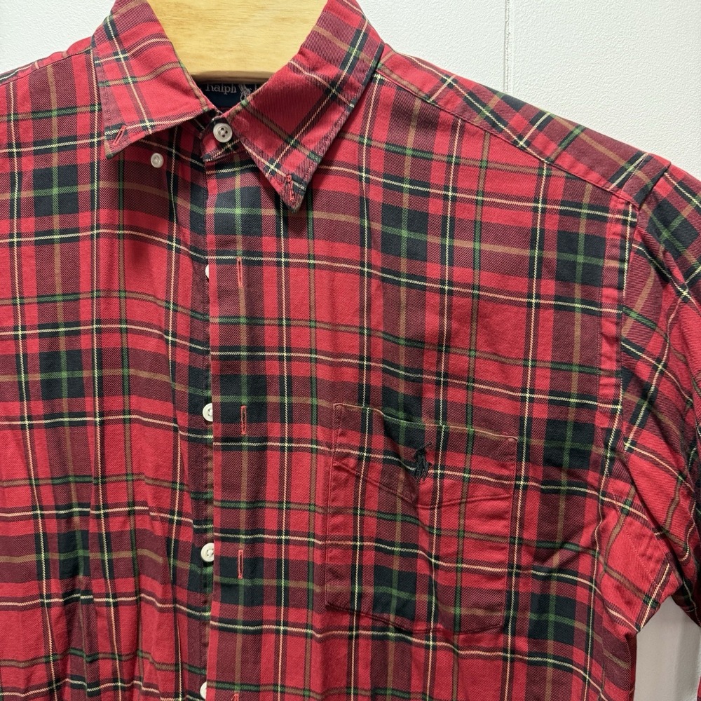 VTG Ralph Lauren MCMEEL Long‎ Sleeve Men's Medium Shirt Red Plaid Pocket Logo